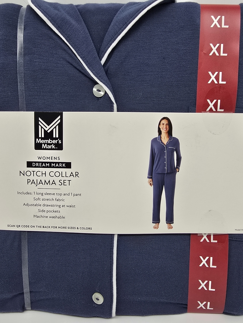Member's Mark Women's Notch Collar Pajama Set - Navy with White Piping XL